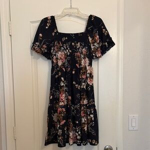 Floral Black Dress with Pink and Cream Accents